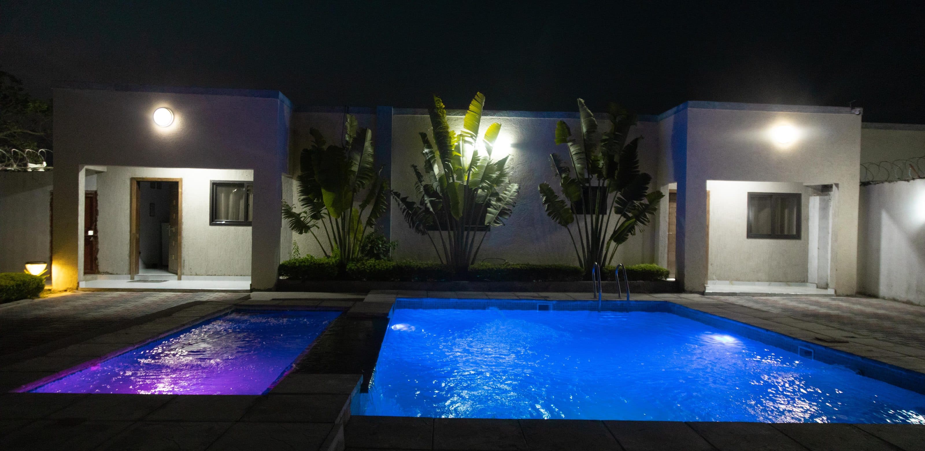 The pool at night, shared by the apartments